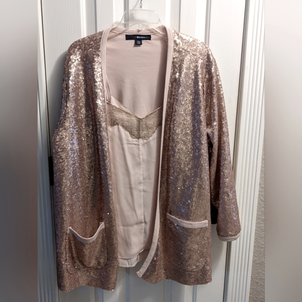 Pink 2 piece sequin jacket with spaghetti strapped tank